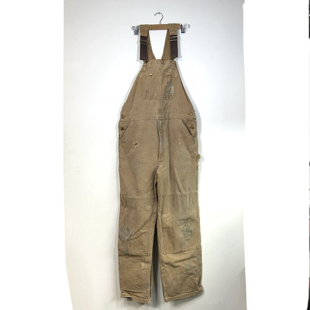 Carhartt Double Knee R01 Duck Bibs Overalls Mens 40x34 Tan Unlined Distressed